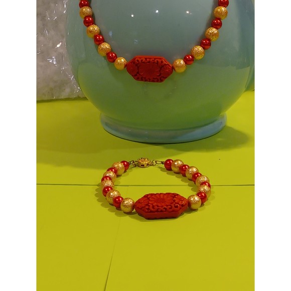 Red & Golden beaded  Cinnabar flower focus bead Necklace Bracelet Set Plus size - Picture 11 of 14